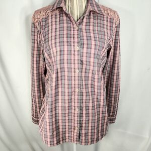 Route 66 Multi Plaid Pink Lace Shoulders Long Sleeve Button Down Top Sz XLarge